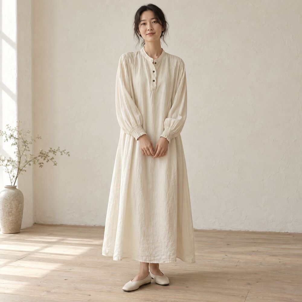 Left Bank 左岸迷香 100% Ramie Maxi Dress L Ivory Lagenlook Artsy Boho